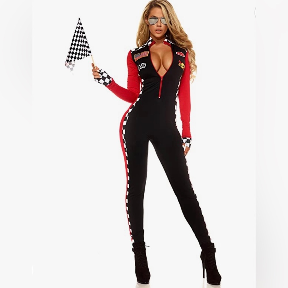 Race car costume for women adults. Red white and black with patches on the front